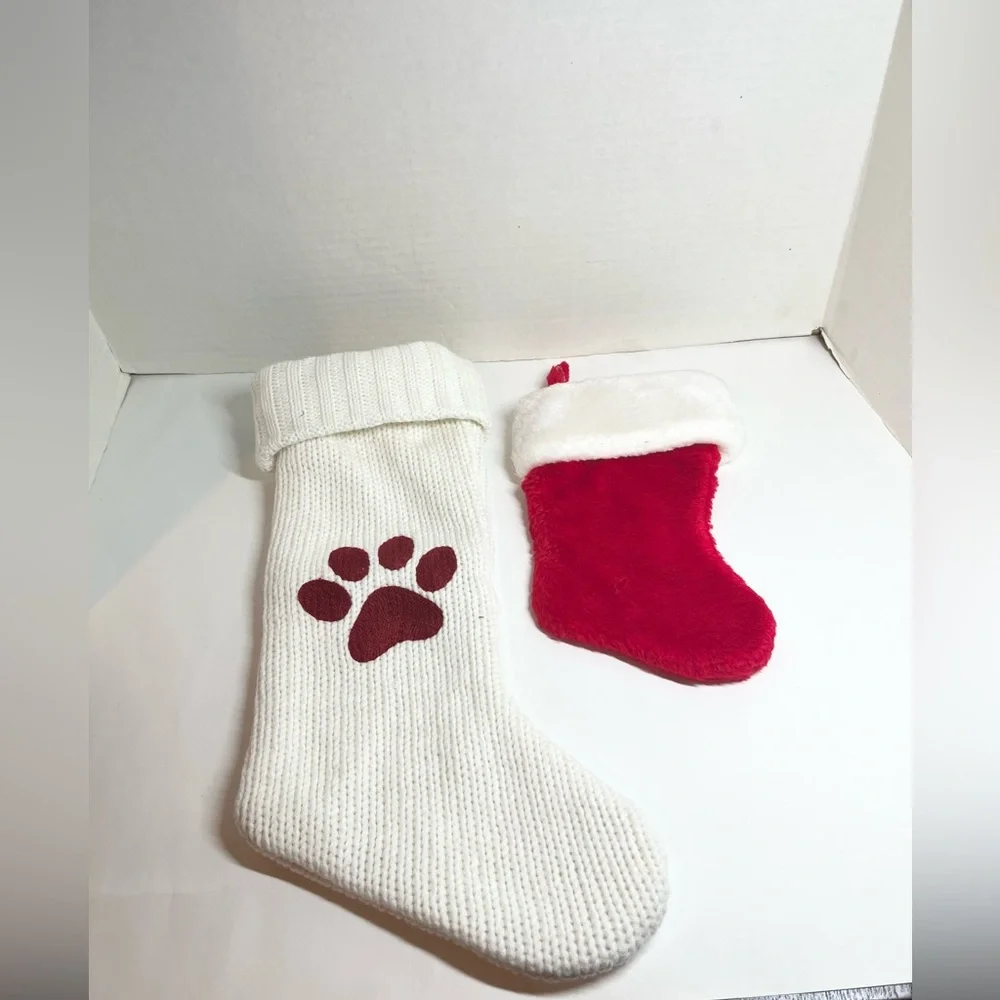 PETS - (1) WHITE KNIT CHRISTMAS STOCKING W/RED PAW PRINT/(1) MINI RED STOCKING